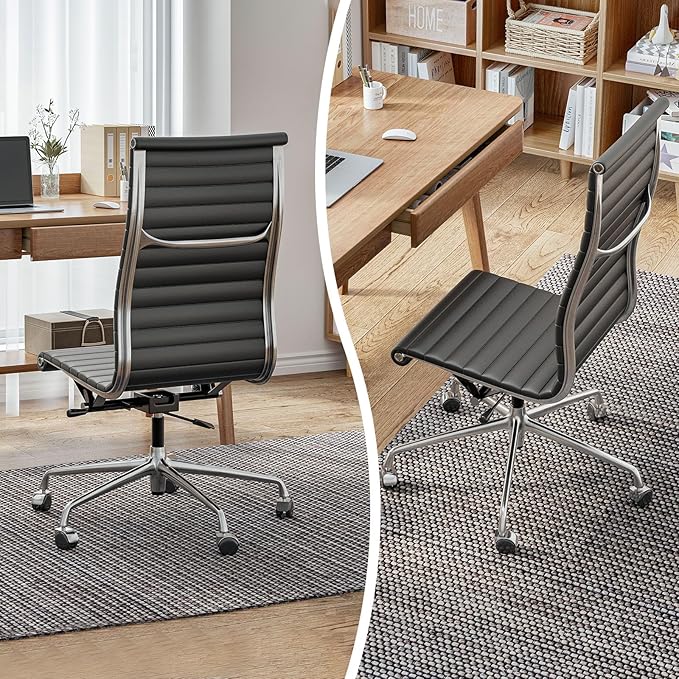 OTDMEL Armless Ribbed Office Desk Chair with Top Grain Leather, High Back Ergonomic Swivel Room Chair, Adjustable Height 5-Star Base, Black