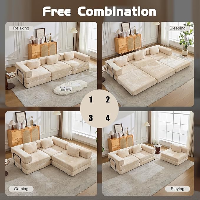 6-in-1 Folding Convertible Sofa Bed, 118 Inch Boneless Couch with Fixed-Shape Frame, Chenille Sleeper Sofa with Pull Out Bed, Floor Sofa Modular Futon Couches for Living Room Bedroom Lounge (Beige)