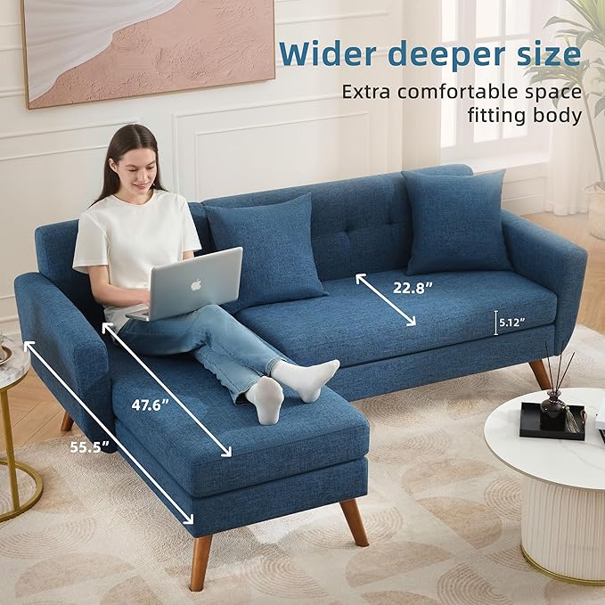 Tbfit L Shaped Couch Sofa, 80" W Mid-Century Modern Sectional Couches, 3 Seater Sofas with Wide Chaise Lounge, Button Tufted Upholstered Sectional Sofa for Living Room, Bedroom, Blue | linen fabric, button tufted, solid wood foot, pocket spring, wood s...