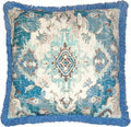 Mandala Life ART Square Meditation Pillow Cover with Fringes - 26 inches - Printed Blue Cotton Boho Chic Cushion Case