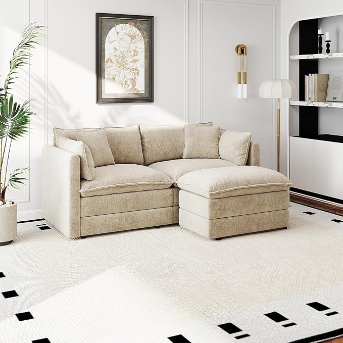 Aoowow Modular Sectional Sofa Modern Convertible Loveseat Couch,77.16 Inch Deep 2-Seater Sofas Comfy Chenille Cloud Sofas and Couches Set with Movable Ottoman for Living Room Apartment（Camel）