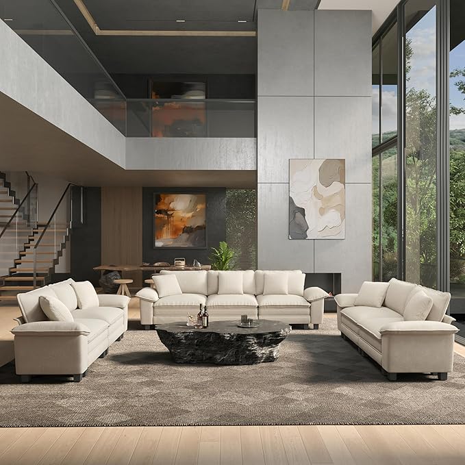 HERA'S HOUSE 3 Pieces Modular Sectional Sofa Sets, Oversized Couch Set with Loveseats and Armchair, Comfy Cloud Couches with Throw Pillows, 6-Seater Deep Seat Sofa for Living Room, Chenille Beige