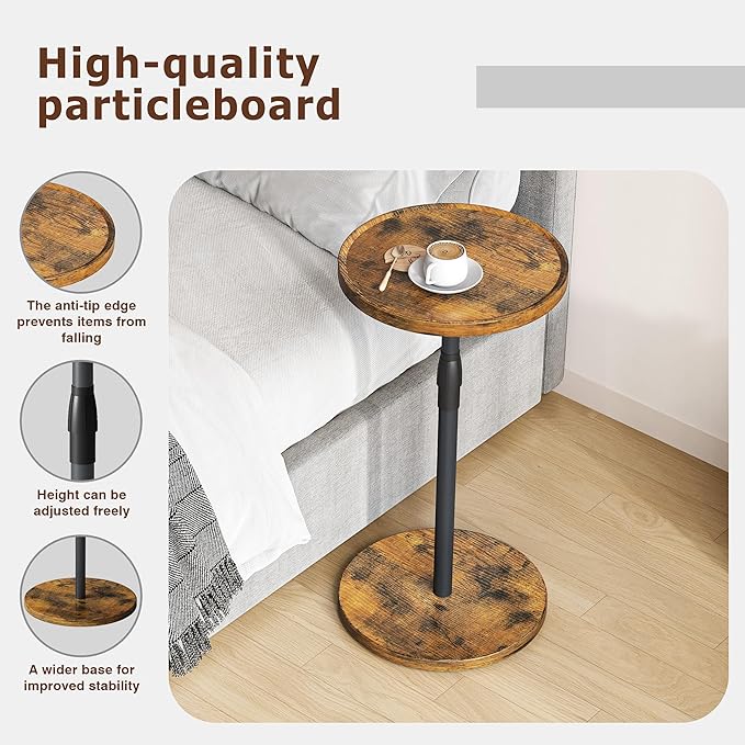 IRCPEN Adjustable End Table, Small Round Side Table, Drink Table for Small Spaces, Pedestal Nightstand for Living Room, Bedroom, Sofa Couch, Rustic Brown ET-010RB