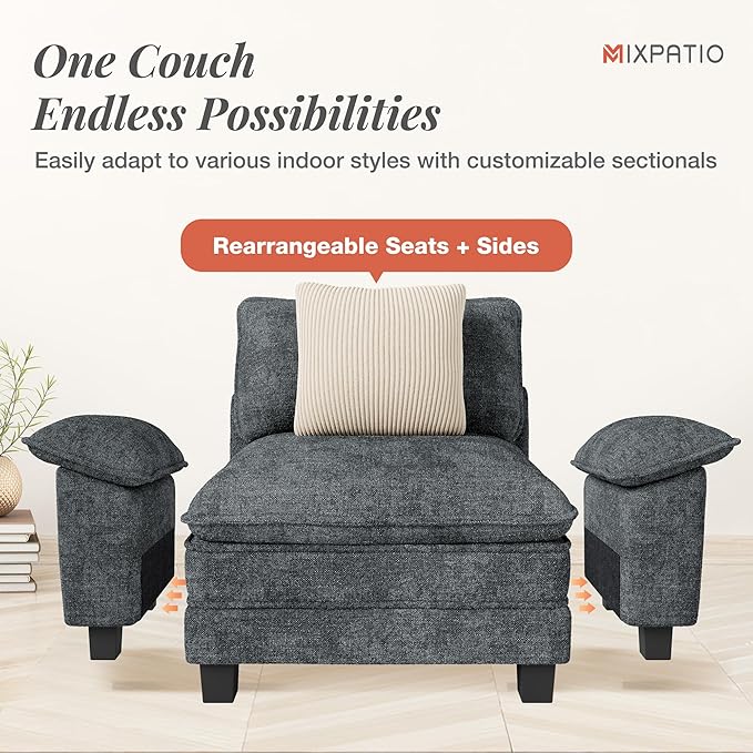 MIXPATIO 157-Inch L Shaped Sectional Sofa with Cloud Cushions, Deep Seat Modular Couch Set w/ 5 Seats & 1 Ottomans, Removable Arms, Plush Chenille Upholstery for Living Room, Apartment - Cyan