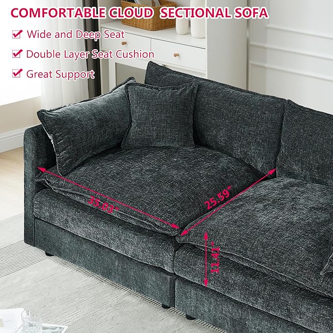 Aoowow Modular Sectional Sofa Modern Convertible Loveseat Couch,77.16 Inch Deep 2-Seater Sofas Comfy Chenille Cloud Sofas and Couches Set with 2 Movable Ottoman for Living Room Apartment（Grey）