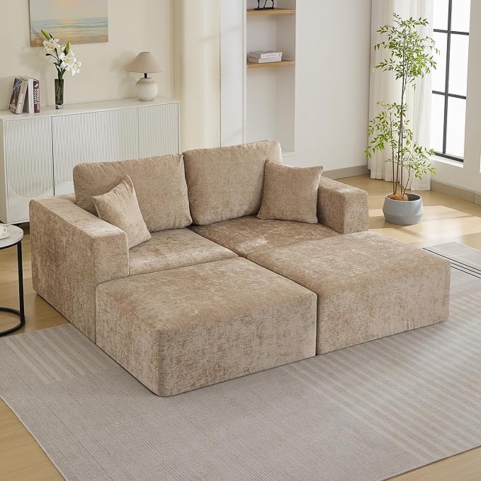 83'' Boneless Loveseat Sofa, Comfy Deep Seat Cloud Couch with 2 Moveable Ottoman, No Assembly Chenille Love Seat for Living Room, Camel