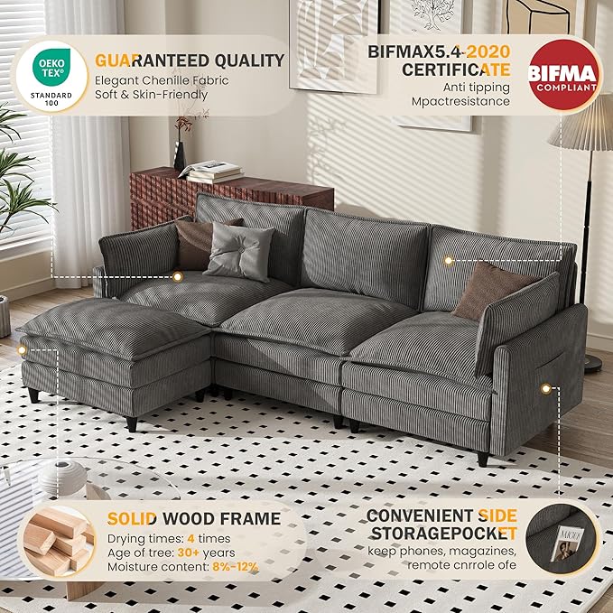 Apicizon 108" Cloud Couch Sectional, L Shaped Cloud Sofa with Side Storage Pocket, Modern Corduroy Sofa Set for Living Room, Office, Grey