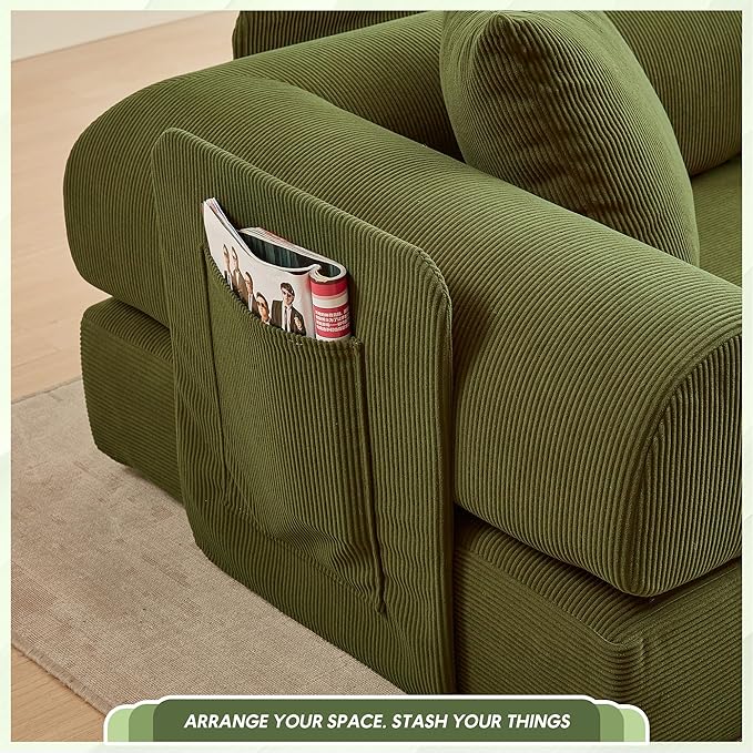 L Shaped Convertible Modular Sofa Bed with Cylindrical Pillow & Reversible Chaise, Corduroy Folding Floor Sofa Couch Bed with Fixed-Shape Frame & Storage Pocket for Living Room, Green