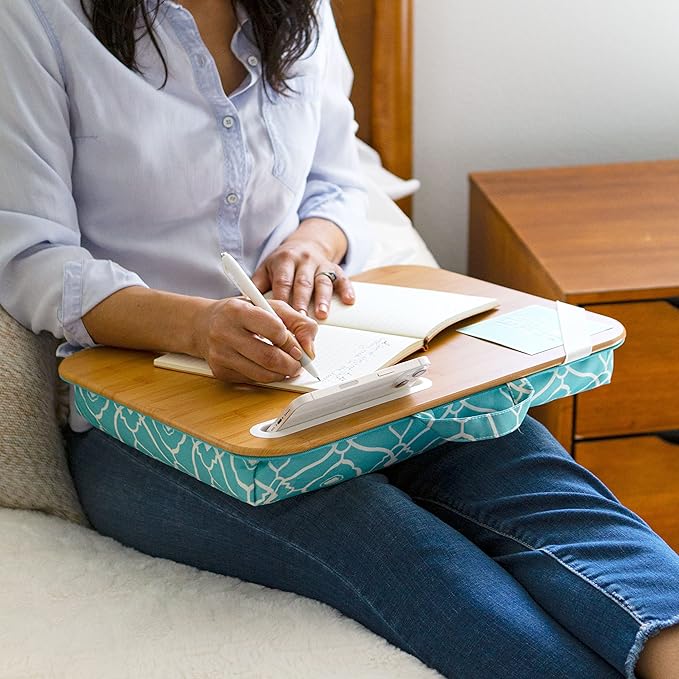 LAPGEAR Designer Lap Desk with Phone Holder and Device Ledge - Aqua Trellis - Fits up to 15.6 Inch Laptops - Style No. 45422