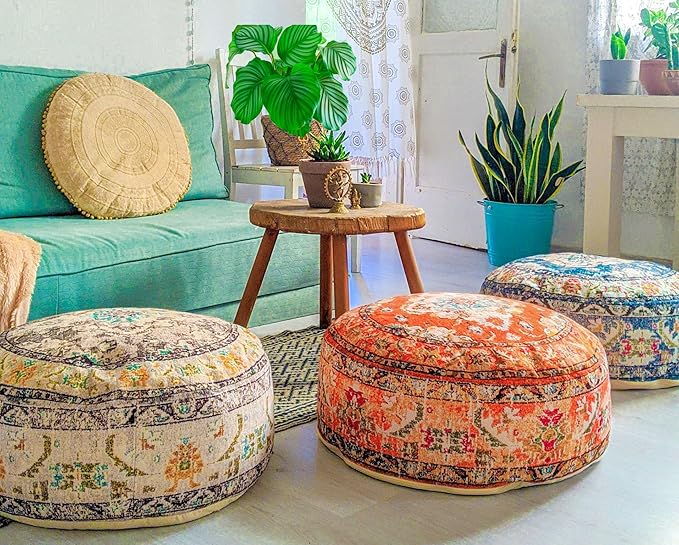 Colorful Pouf Cover Orange Round Orange Floor Pillow Seating Area Stool Boho Room Décor Accent Furniture Perfect for Living Room, Bedroom, Nursary or Children Room Cotton 24x8 Unstuffed