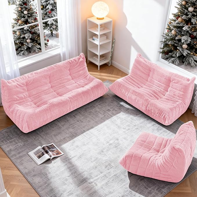 Bean Bag Loveseat Chair Big Sofa Beanbag Chair for Adults Fireside Chair Bean Bag Lounger with Memory Foam Filled for Home,Apartment or Gaming Venue（Pink Teddy）