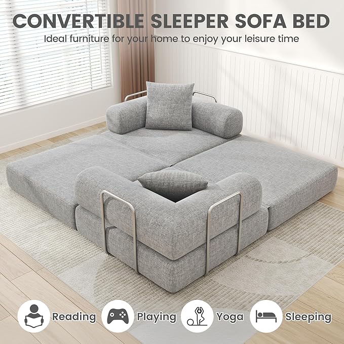DURASPACE 78'' Folding Convertible Sofa Bed Boneless Foam Sectional Couches with Fixed-Shape Frame, Modular Floor Sleeper Sofa for Living Room (Chenille Gray)