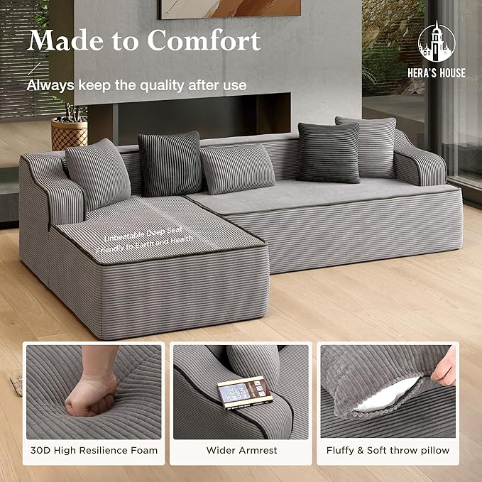 HERA'S HOUSE 105" Cloud Sectional Couch, Modular Upholstered Sofa with L-Shaped Chaise, Corduroy Boneless Couches with Wide Armrest and 5 Throw Pillows for Living Room, No Assembly Required, Grey