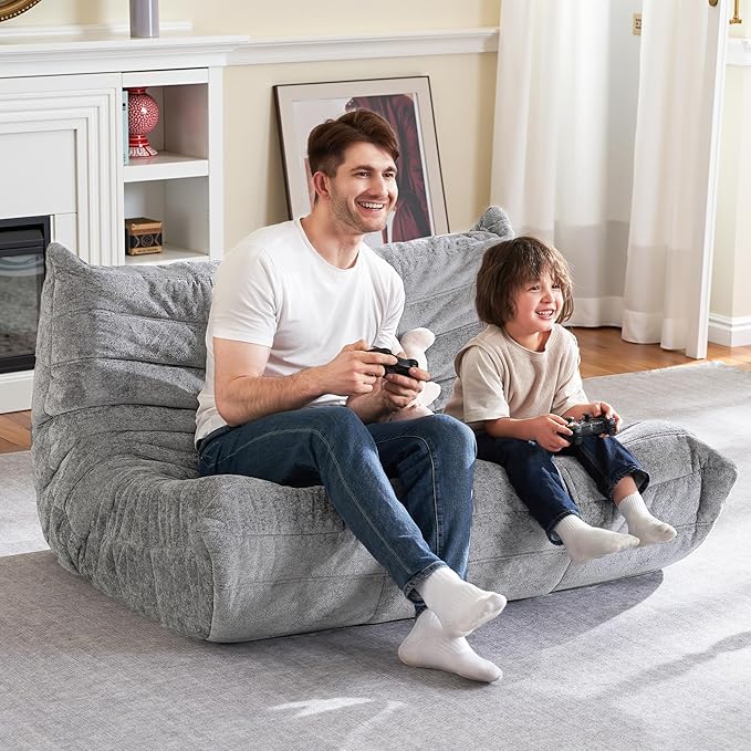 HABUTWAY Bean Bag Chair, Giant Bean Bag Chairs for Adults, Loveseat Fireside Chair, 2 Seater Lazy Bean Bag Sofa Memory Foam Couch for Living Room, Bedroom, Office (Light Grey)