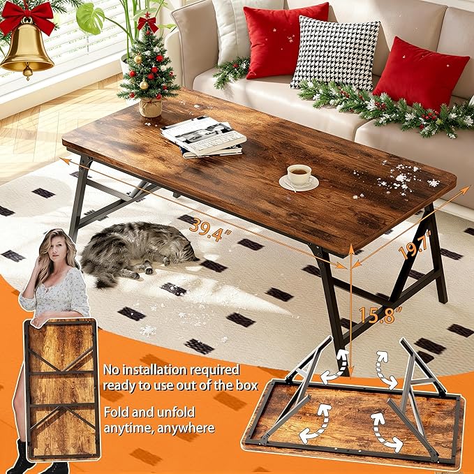QUERNA Folding Coffee Table, Leg Latches Portable Sturdy Floor Table, No Assembly Low Coffee Table for Living Room, Home, Office, Rustic Brown, Caravan and Outdoor use,39.4L‘ x 19.7W’ x 15.8H’
