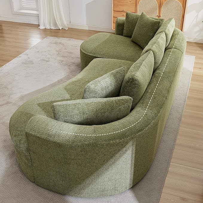 Opiesit 124" Oversized Boneless Couches for Living Room, Sectional Curved Sofa with 7 Pillows, L-Shape Boneless Couch with Deep Seat, High-Density Memory Foam, No Assembly Required, Chenille (Green)