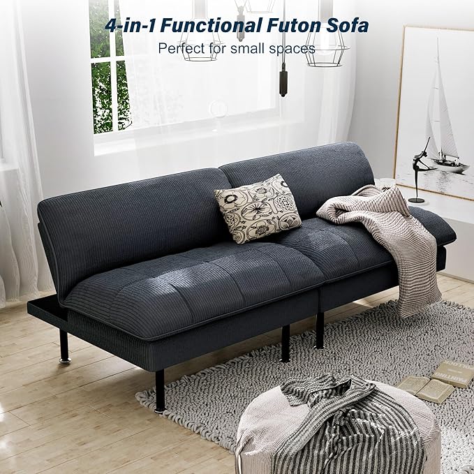 2 Sets 70" Futon Sofa Bed, 4 in 1 Multi-Function Couch Sleeper with Adjustable Backrest, Modern Convertible Futon, Recliner Small Loveseat for Living Room, Grey