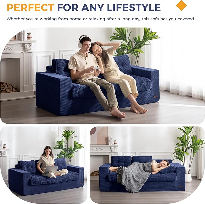 MAXYOYO 3-Seater Boneless Sofa Couch, Tufted Corded Sofa Lounge for Living Room, Comfy Bean Bag Chair High-Density Foam Couch with Pillows, No Assembly Required