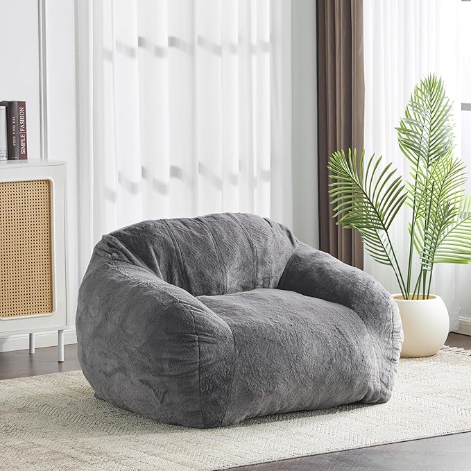 Indoor Bean Bag Chair,Faux Fur Lounge Seat with Shredded Memory Foam Fill – Ergonomic, Eco-Friendly, Comfort Space-Saving Floor Seating for Bedroom Dorm Apartment Living Room,Gray