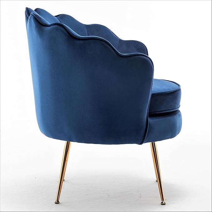 Container Furniture Direct Velvet Barrel Accent Chair with Scalloped Silhouette and Gold Metal Legs, Decorative Piece Suitable for Traditional, Modern, and Contemporary Spaces, Navy Blue