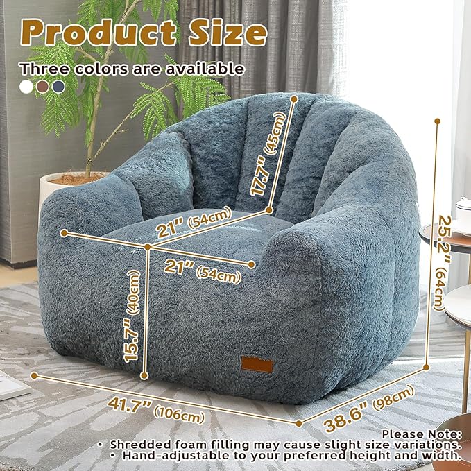 Big Bean Bag Chairs for Adults Giant Sofa with Faux Fur Shell-Shaped Beanbag Couch, Stuffed Large Bean Bag Floor Chair for Living Room, Beanbags Reading Chair for Bedroom Single Sofa(L-Blue)