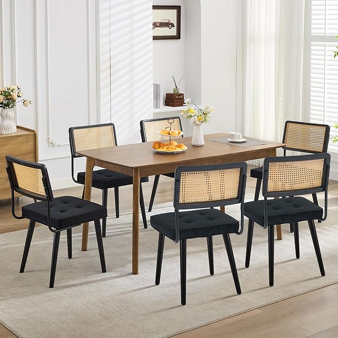 GarveeHome Natural Rattan Dining Chairs Set of 2, Velvet Upholstered Kitchen Chairs with Tall Cane Backrest and Strong Wood Legs for Dining Room, Kitchen, Restaurant, Black