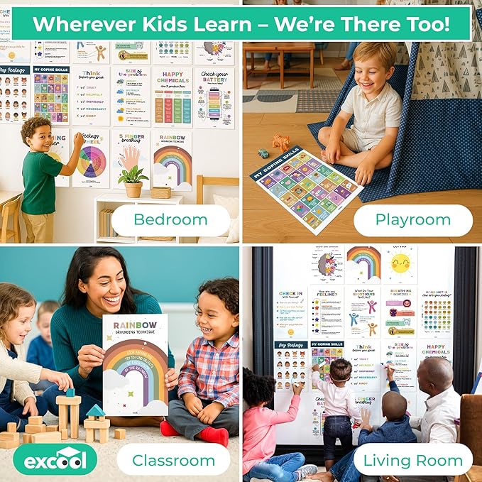EXCOOL CLUB 16 Calming Corner Posters For Classroom Decor - Feelings Chart For Kids Ages 4-8, Feelings Poster Calm Down Corner Supplies, Elementary Classroom Must Haves For Teacher (11x17)