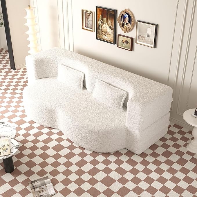 SZLIZCCC 78'' Modern Floor Sofa Bed, Convertible Teddy Fabric Sleeper with 2 Pillows, Modern Teddy Fabric Floor, Foam Folding Mattress for Living Room, Guest Bed, Playroom & Small Spaces (Beige)
