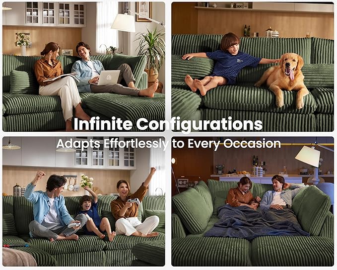 Oversized Modular Sofa, Extra Deep Cloud Corduroy Sectional Couch with Ottoman Chaise, Fluffy Chenille Loveseat L Sofa for Living Room, Villa (Loveseat+Ottoman, Corduroy Green)