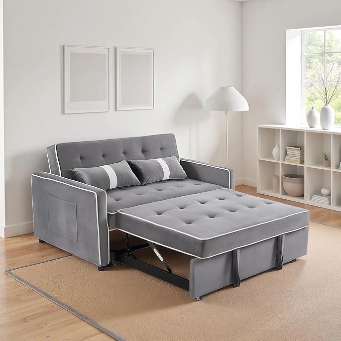 3 in 1 Convertible Loveseat Sleeper Sofa, Modern Futon Couch with Adjustable Backrest, Pull Out Sofa Bed Upholstered for Living Room Bedroom Apartment Small Space (Grey)