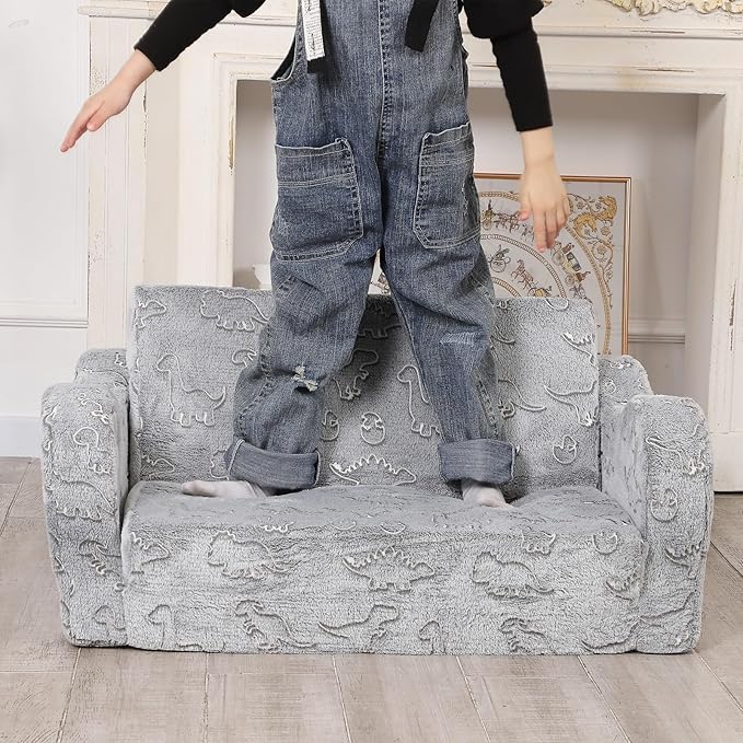 Kids Sofa, 2-in-1 Flip-Out Foam Couch with Soft Sherpa Cover, Cozy Play Lounge Chair, Extra Wide, Glow in The Dark Grey