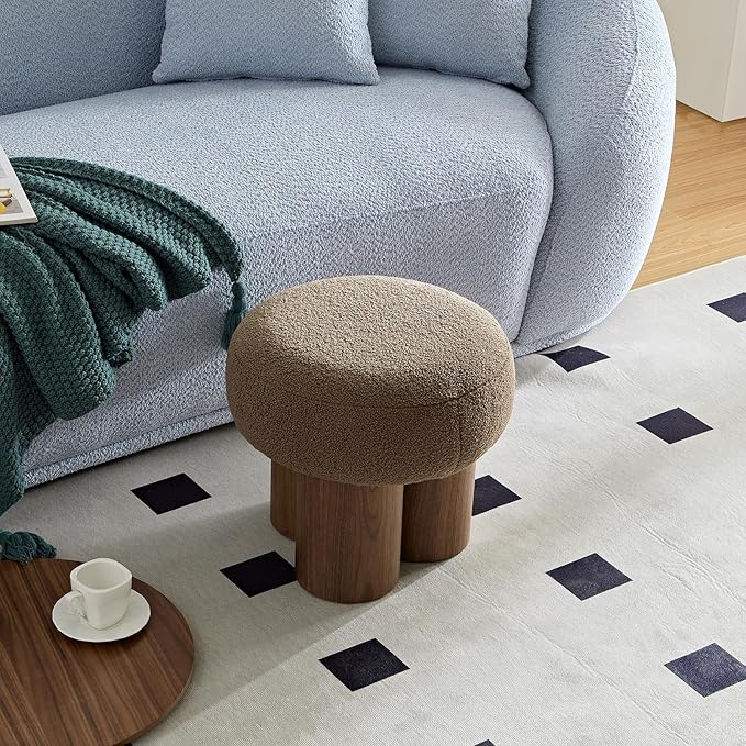 Round Foot Stool, Small Mushroom Ottoman Footstools Modern Pouf Boucle Ottoman, Teddy Foot Rest for Couch Sofa Comfy Floor Footrest Step Stool for Living Room,Bedroom,Desk,Office(Brown)
