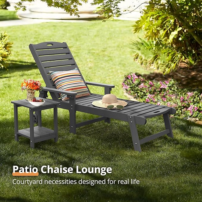 LUE BONA Chaise Lounge Chair with Table, 3-Piece, HDPS Chaise Lounger, 5 Positions Adjustable Lounge Chairs, Pool Lounge Chair with Wheels for Poolside, Backyard, Dark Gray