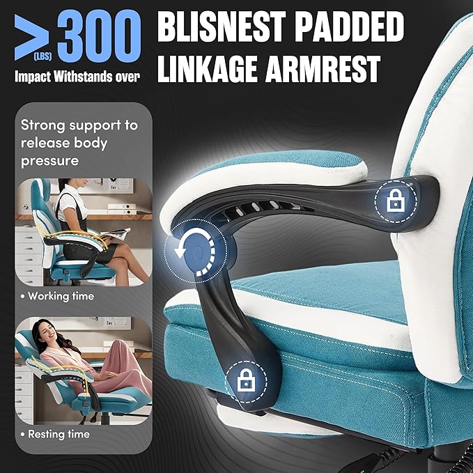 Massage Office Chair with Footrest,6-Point Vibration and Heat Executive Office Chairs,Ergonomic Desk Chair for Heavy People,500LBS Big and Tall Fabric Office Chair,Reclining Managerial Chair,Bluewhite