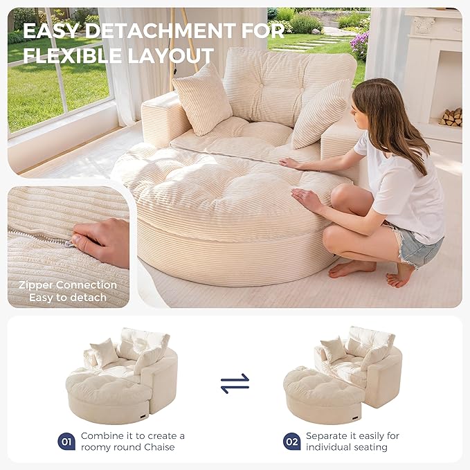 MAXYOYO Oversized Round Chaise Lounge Sofa, Upholstered Lounge Chair with 3 Pillows, Boneless Sofa Couch with Ottoman, Deep Seat Sleeper Chair for Living Room, Bedroom, No Assembly, Beige