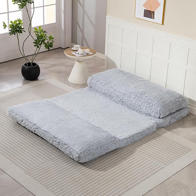 HOMCOM Bean Bag Chair Floor Sofa Bed for Adults, Thick Long Folding Sofa Bed 54 x102 in, Wall Couch Sleeper Chair Floor Mattress for Living Room, Light Gray