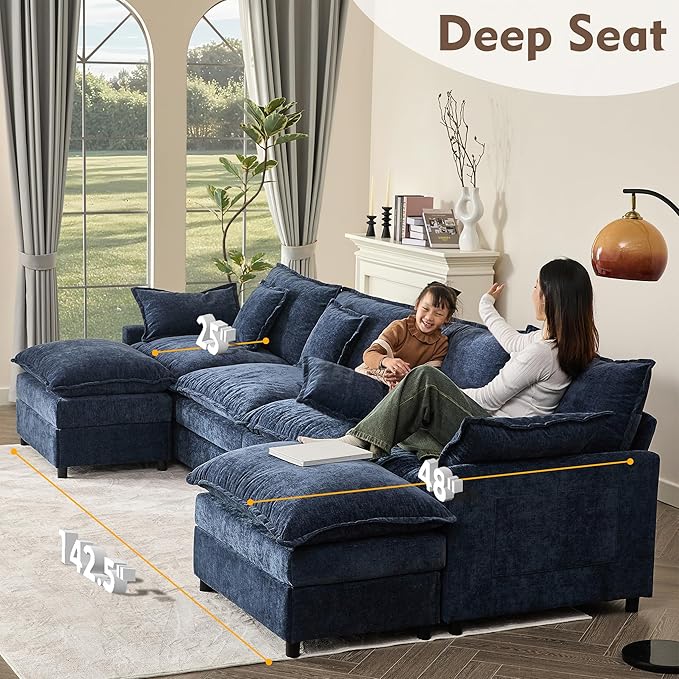 GOSUHI 142.5" U Shaped Couch, Modular Sectional Sofa, 3-Seater Comfy Cloud Couch with Movable Ottoman, Deep Seat Couches for Living Room, Chenille, Navy