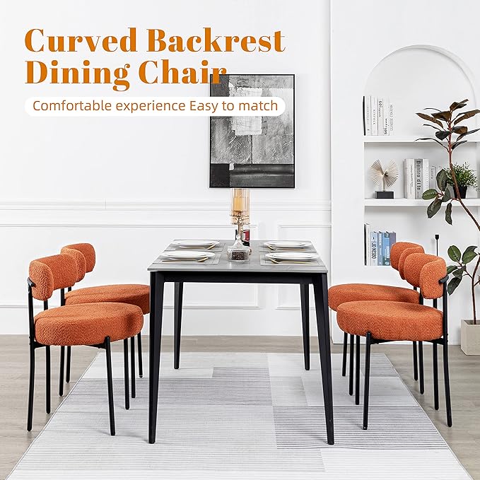 DYHOME Mid-Century Modern Dining Chairs Set of 6, Boucle Dining Chairs Upholstered with Black Metal Legs, Curved Backrest Kitchen Dining Room Chairs, Orange