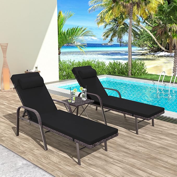 Trumbeak Patio Chaise Lounge Set 3 Pieces Pool Lounge Chairs,Cushioned Outdoor Folding Lounge Chair w/Arm and Rattan Adjustable Backrest for Poolside Porch,Folding Table Included,Black