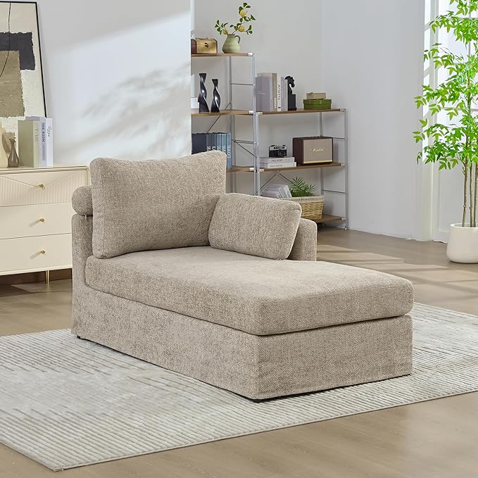 KEIKI 60" Chaise Lounge Chair Indoor, Modern Deep Seat Sofa Bed, Corduroy Couch with Cushions, Single Sleeper Chair for Living Room, Bedroom, Apartments, Taupe (Right Side)