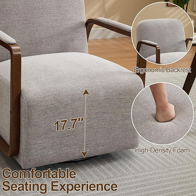 CACFTII 32" Chenille Upholstered Swivel Accent Chairs Set of 2, 360° Rotating Metal Base Modern Lounge Chair with Wooden Armrests for Living Room Bedroom, Brown
