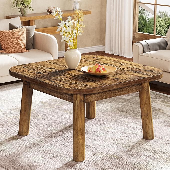 TRIBEWOOD Solid Wood Square Coffee Table, 31.5-Inch Farmhouse Center Table with Rounded Corners, for Living Room, Office, Apartment, Small Places, Easy Assembly, Rustic Brown