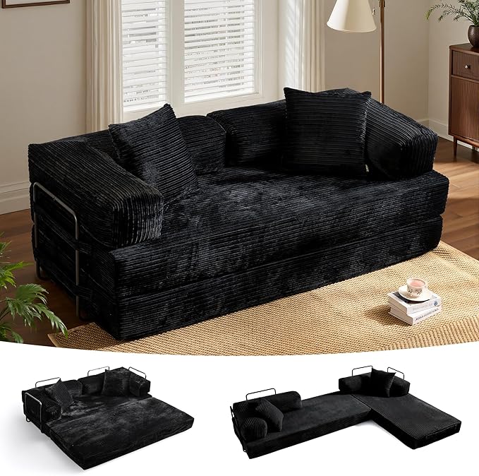 ovios 81" Folding Sofa Bed, Foldable Sleeper Boneless Couch with Pull Out Beds, Modular Convertible Floor Futon Loveseat Lounger for Living Room (Corduroy, Black)