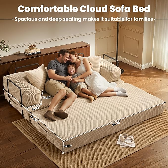 ovios 81" Folding Sofa Bed, Foldable Sleeper Boneless Couch with Pull Out Beds, Modular Convertible Floor Futon Loveseat Lounger for Living Room (Corduroy, Beige)