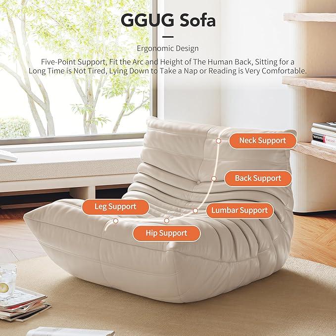 High-end Bean Bag Chair, Fireside Togo Chair with White Faux Leather Cover, Comfy & Soft Lazy Floor Lounge Sofa for Bedroom, Living Room, Office or Lounger