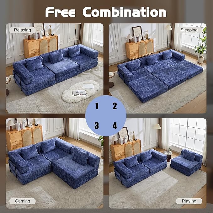79" Convertible Sofa Bed with Pillows, Corduroy Folding Sleeper Sofa with Fixed-Shape Frame, Boneless Couch for Living Room Bedroom, Floor Sofa Lounge No Assembly Required (Modular Sofa - Blue)