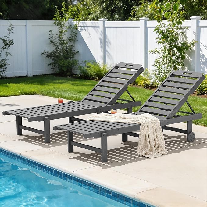 SERWALL Pool Lounge Chairs Set of 2, 78" Long HDPE Outdoor Chaise Lounge with Cup Holder, 5 Positions Adjustable Patio Lounge Chair with Rolling Wheels for Poolside, Deck, Sunbathing, Grey