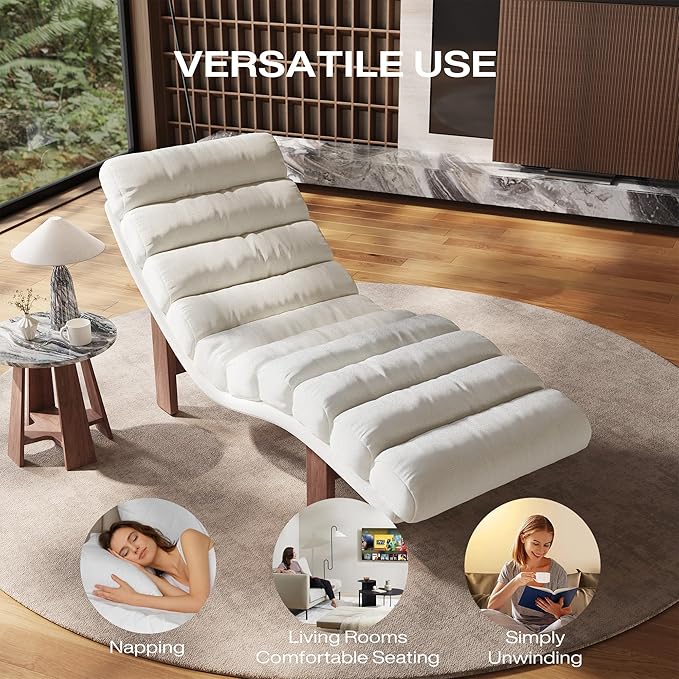 Modern Chaise Lounge Chair with Wooden Legs, Armless, Comfortable Upholstered Seat – Perfect for Living Room, Bedroom, or Office