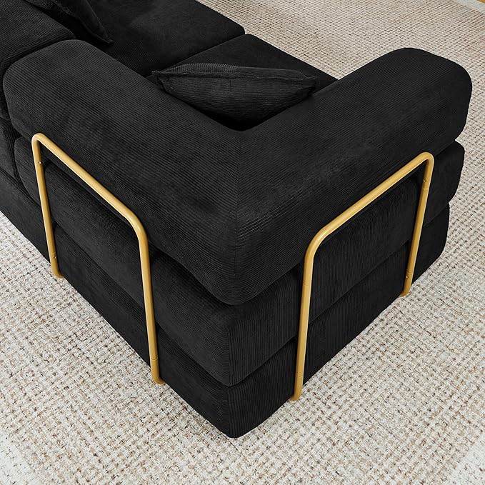 108" Convertible Sleeper Sofa Bed, Corduroy Folding Sofa Bed with Fixed-Shape Frame, Fold Out Floor Mattress Couch, Lazy Compression Sofas for Living Room, Bedroom, No Assembly Required,Black