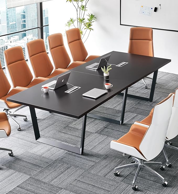 ahliss Sturdy Conference Table with Cable Management Grommets Modern Rectangle Office Meeting Table with Wood Tabletop and Metal Frame & Legs- Easy Assembly Boardroom Table (Black, 10 Foot)